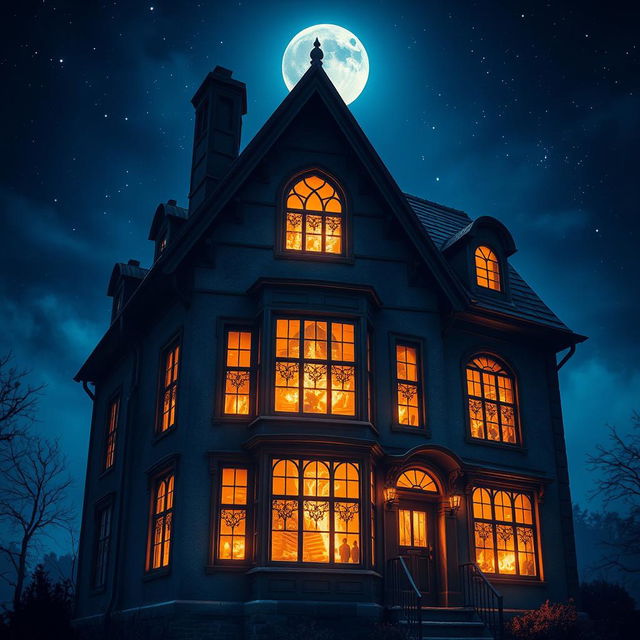 A magical nighttime scene of a building, with glowing lights illuminating from the windows, creating an enchanting atmosphere as if something wondrous is happening inside