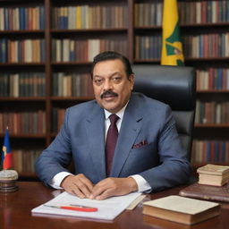 Mahinda Rajapaksa, former president of Sri Lanka, sitting at his office desk, surrounded by books, flags, and pictures, with a confident and calm expression on his face