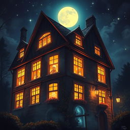 A magical nighttime scene of a building, with glowing lights illuminating from the windows, creating an enchanting atmosphere as if something wondrous is happening inside