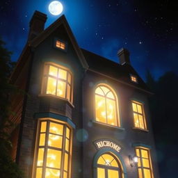 A magical nighttime scene of a building, with glowing lights illuminating from the windows, creating an enchanting atmosphere as if something wondrous is happening inside