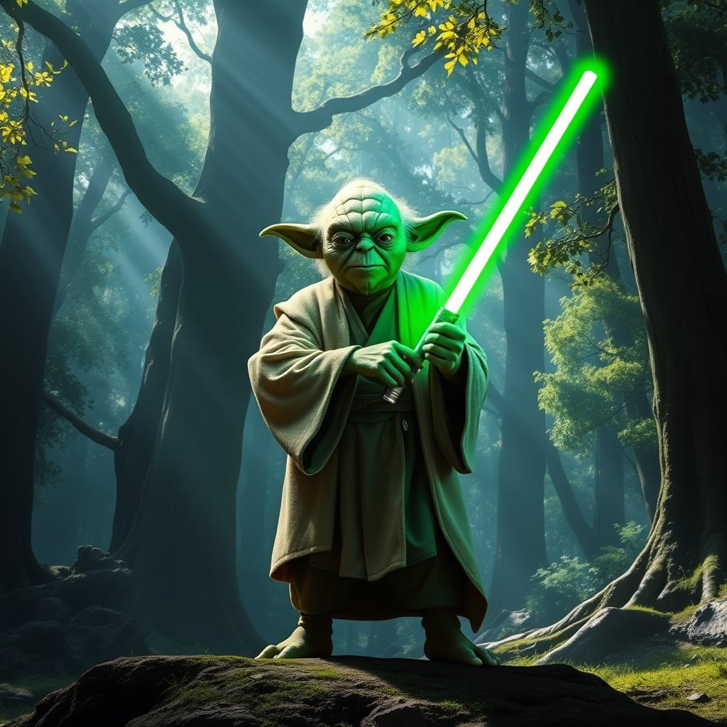 Grand Master Yoda standing confidently on a lush forest planet, with towering trees and dappled sunlight streaming through the leaves