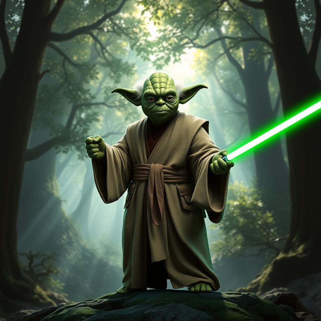 Grand Master Yoda standing confidently on a lush forest planet, with towering trees and dappled sunlight streaming through the leaves