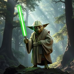 Grand Master Yoda standing confidently on a lush forest planet, with towering trees and dappled sunlight streaming through the leaves