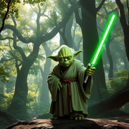 Grand Master Yoda standing confidently on a lush forest planet, with towering trees and dappled sunlight streaming through the leaves