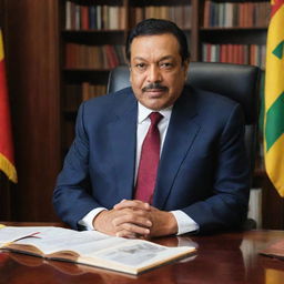 Mahinda Rajapaksa, former president of Sri Lanka, sitting at his office desk, surrounded by books, flags, and pictures, with a confident and calm expression on his face