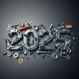 A dynamic and futuristic composition showcasing a variety of car parts including screws, nuts, washers, and other automotive items, artfully arranged to form the year '2025'