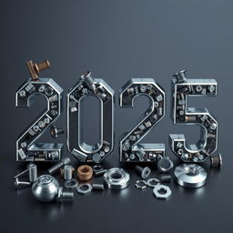 A dynamic and futuristic composition showcasing a variety of car parts including screws, nuts, washers, and other automotive items, artfully arranged to form the year '2025'