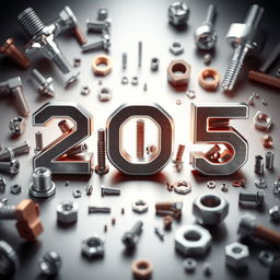 A dynamic and futuristic composition showcasing a variety of car parts including screws, nuts, washers, and other automotive items, artfully arranged to form the year '2025'