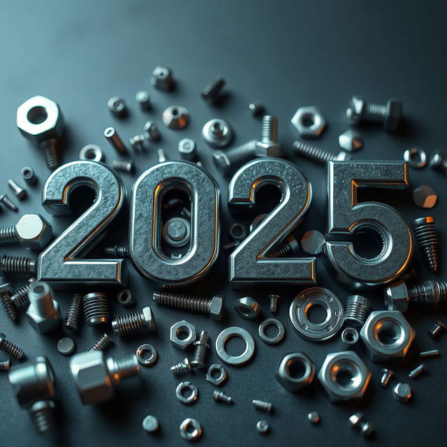 A dynamic and futuristic composition showcasing a variety of car parts including screws, nuts, washers, and other automotive items, artfully arranged to form the year '2025'