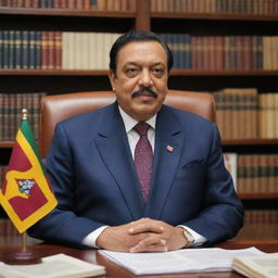 Mahinda Rajapaksa, former president of Sri Lanka, sitting at his office desk, surrounded by books, flags, and pictures, with a confident and calm expression on his face