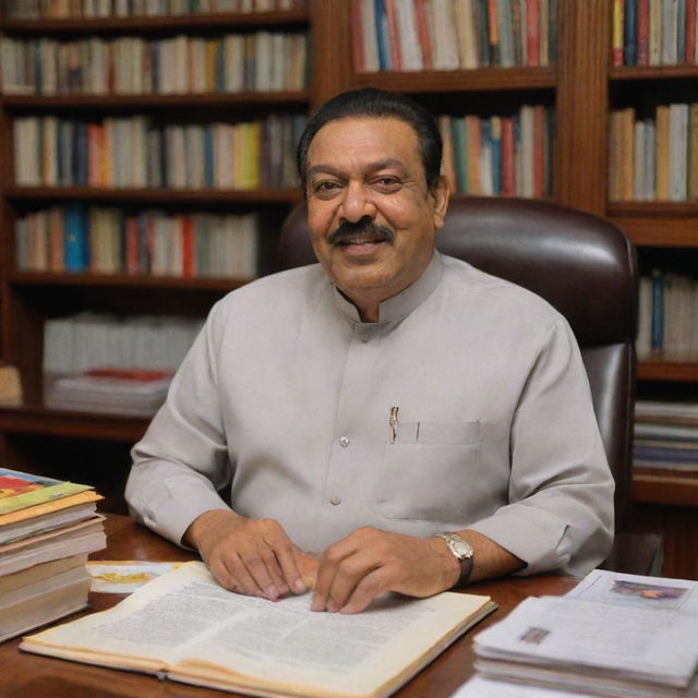 Mahinda Rajapaksa, former president of Sri Lanka, sitting at his office desk, surrounded by books, flags, and pictures, with a confident and calm expression on his face