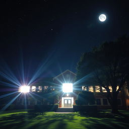 A school building at night, with bright radiant light streaming out from the windows, illuminating the surrounding area