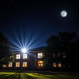 A school building at night, with bright radiant light streaming out from the windows, illuminating the surrounding area