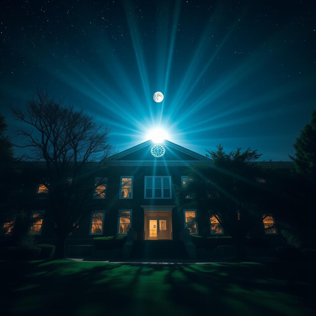 A school building at night, with bright radiant light streaming out from the windows, illuminating the surrounding area