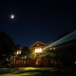 A school building at night, with bright radiant light streaming out from the windows, illuminating the surrounding area