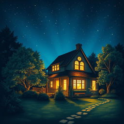 A nighttime scene depicting a house emitting bright, radiant light from its windows, illuminating the surroundings with a mystical glow