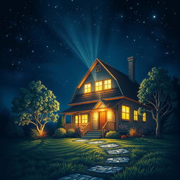 A nighttime scene depicting a house emitting bright, radiant light from its windows, illuminating the surroundings with a mystical glow