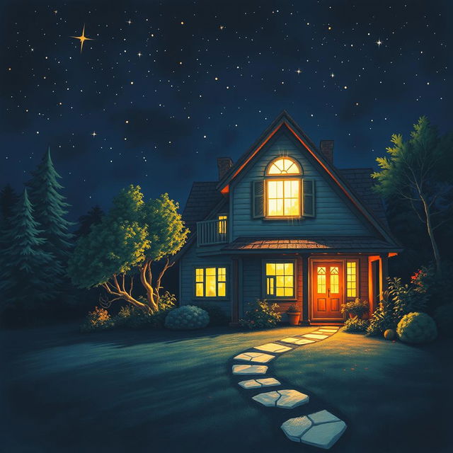 A nighttime scene depicting a house emitting bright, radiant light from its windows, illuminating the surroundings with a mystical glow