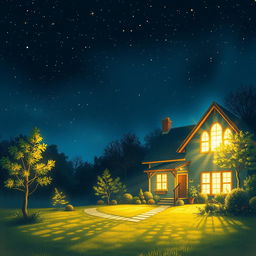 A nighttime scene depicting a house emitting bright, radiant light from its windows, illuminating the surroundings with a mystical glow