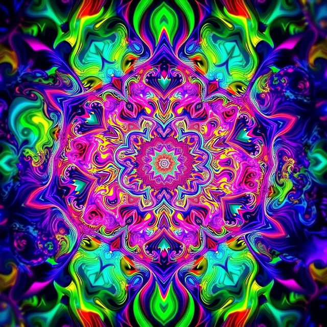 A mesmerizing psychedelic wallpaper featuring a kaleidoscope of vibrant colors and intricate patterns