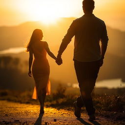 Golden shadow of a man and woman walking hand in hand in a scenic environment, highlighting the intimacy of the moment, with a warm and ethereal glow surrounding their figures