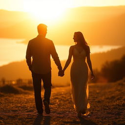 Golden shadow of a man and woman walking hand in hand in a scenic environment, highlighting the intimacy of the moment, with a warm and ethereal glow surrounding their figures