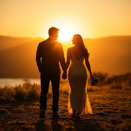 Golden shadow of a man and woman walking hand in hand in a scenic environment, highlighting the intimacy of the moment, with a warm and ethereal glow surrounding their figures