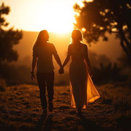 Golden shadow of a man and woman walking hand in hand in a scenic environment, highlighting the intimacy of the moment, with a warm and ethereal glow surrounding their figures