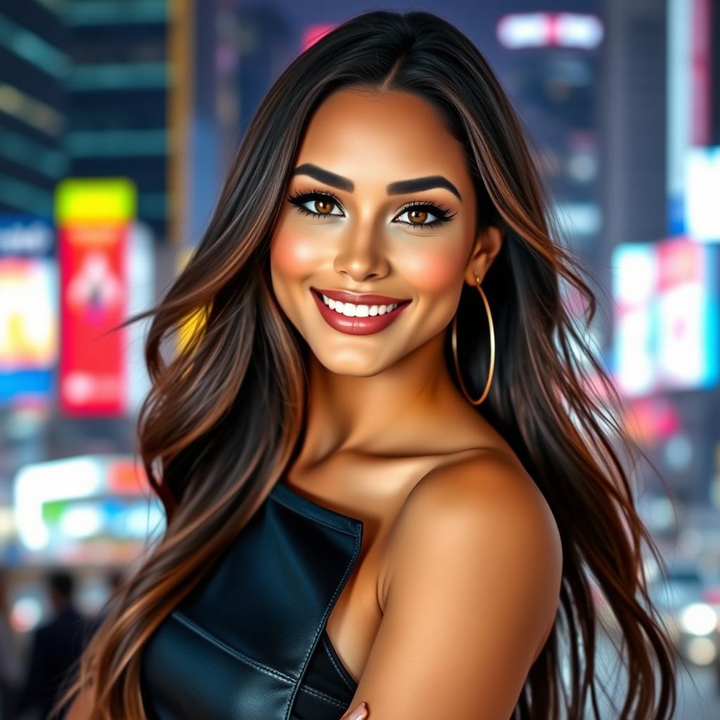 A beautiful and confident woman with striking features, long flowing hair, and a captivating smile