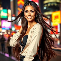 A beautiful and confident woman with striking features, long flowing hair, and a captivating smile