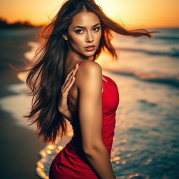 A captivating image of a sultry and confident woman, with flowing long hair and a striking pose