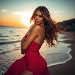 A captivating image of a sultry and confident woman, with flowing long hair and a striking pose