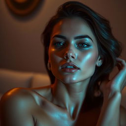 a sensual portrayal of a captivating woman, her skin glowing in soft, ambient lighting, exuding a confident and alluring aura