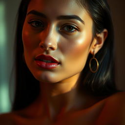 a sensual portrayal of a captivating woman, her skin glowing in soft, ambient lighting, exuding a confident and alluring aura