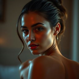 a sensual portrayal of a captivating woman, her skin glowing in soft, ambient lighting, exuding a confident and alluring aura