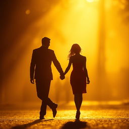 A silhouette of a man and a woman walking hand in hand, bathed in golden light