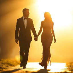 A silhouette of a man and a woman walking hand in hand, bathed in golden light