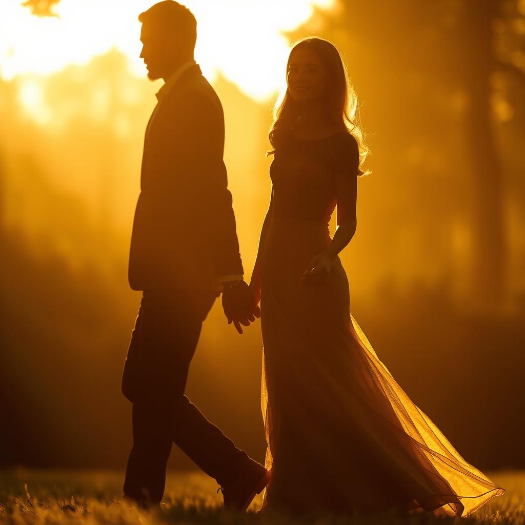 A silhouette of a man and a woman walking hand in hand, bathed in golden light