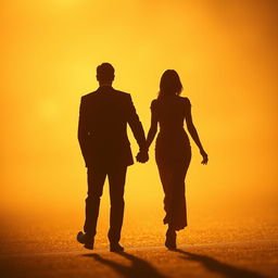 A silhouette of a man and a woman walking hand in hand, bathed in golden light