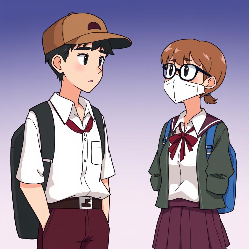 An animated scene featuring two students standing and talking