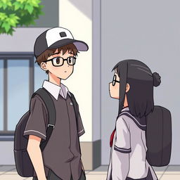 An animated scene featuring two students standing and talking