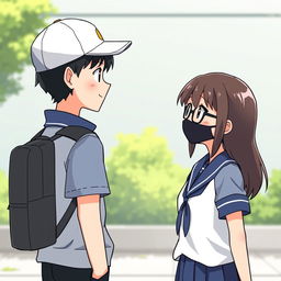 An animated scene featuring two students standing and talking