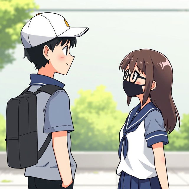 An animated scene featuring two students standing and talking