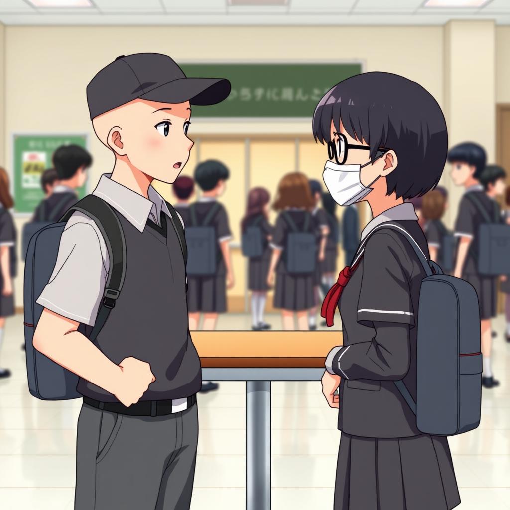 An animated scene in a school setting featuring two students engaged in conversation while standing