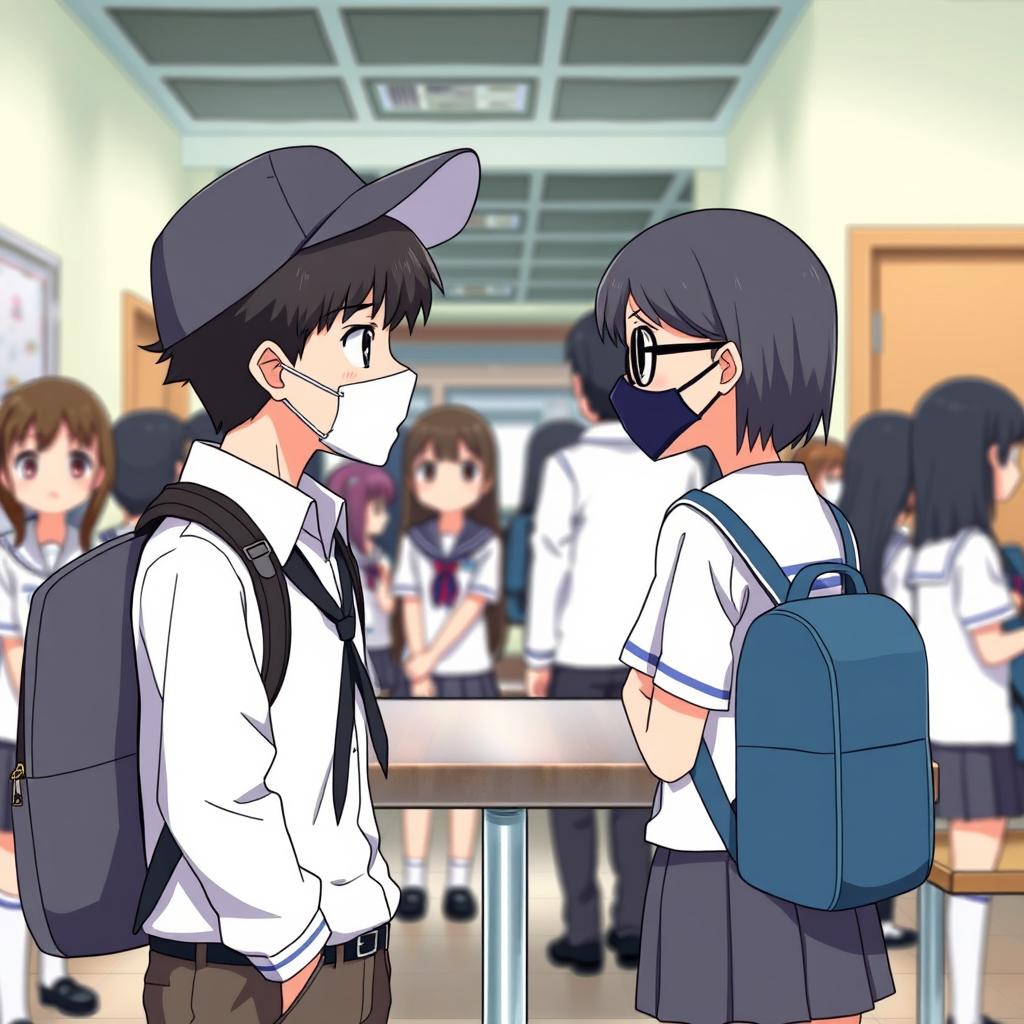 An animated scene in a school setting featuring two students engaged in conversation while standing