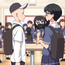 An animated scene in a school setting featuring two students engaged in conversation while standing