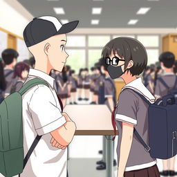 An animated scene in a school setting featuring two students engaged in conversation while standing