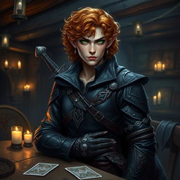 A mysterious Dungeons & Dragons character portrait, featuring a half-elf rogue with emerald green eyes and a mane of curly auburn hair