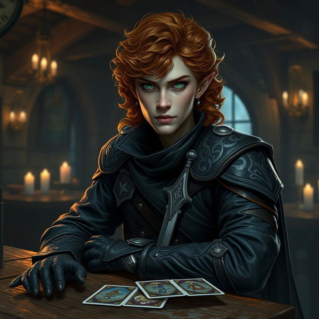 A mysterious Dungeons & Dragons character portrait, featuring a half-elf rogue with emerald green eyes and a mane of curly auburn hair