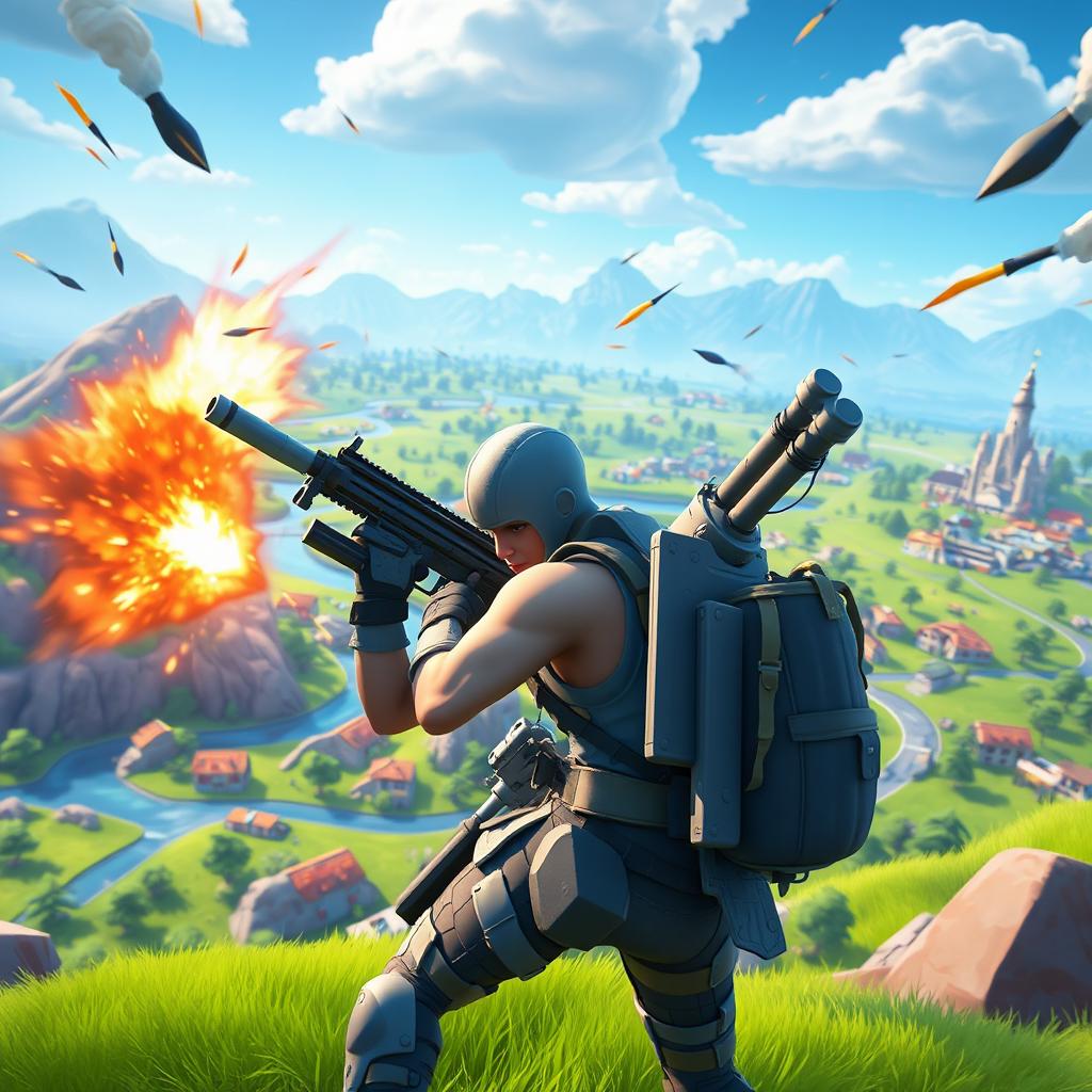 A character in the game Fortnite, equipped with only grey weapons, engaged in an action-packed solo battle